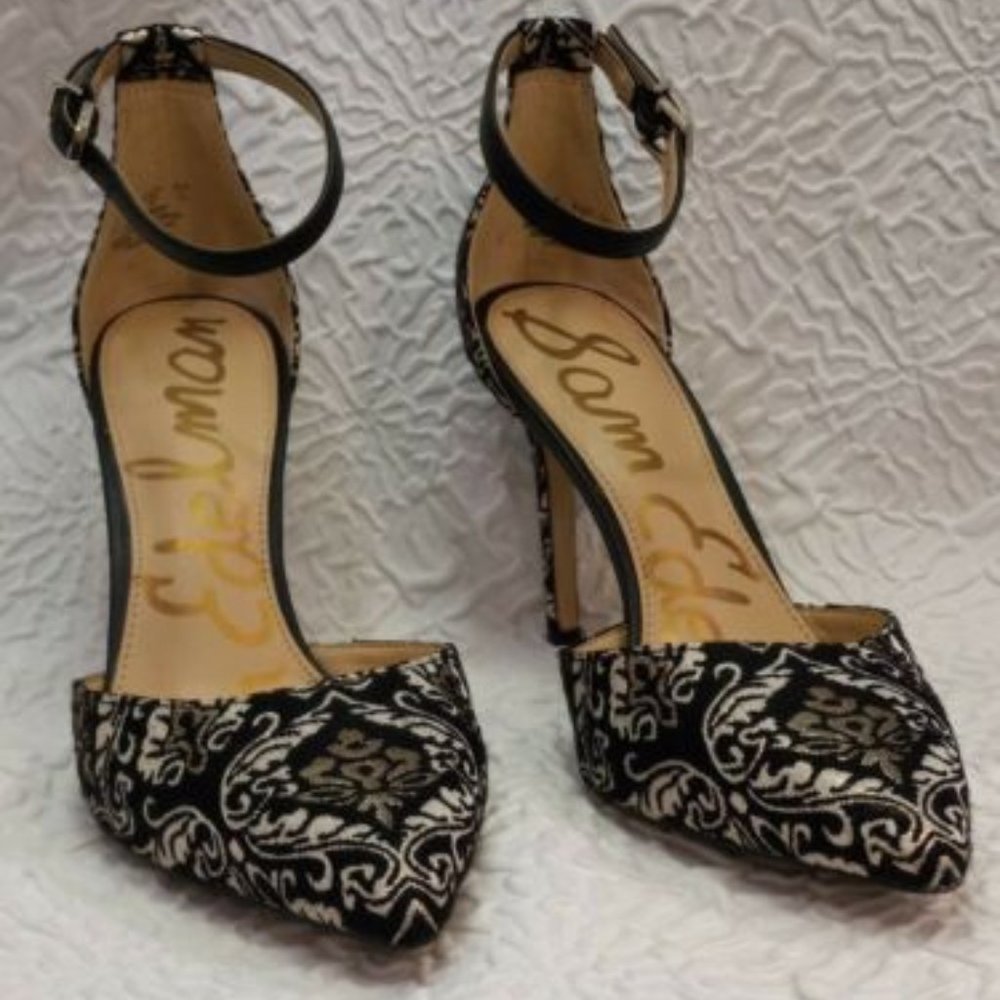 SAM EDELMAN Heels SZ 9 BLACK GOLD HARLOW BROCADE FABRIC ANKLE STRAP
